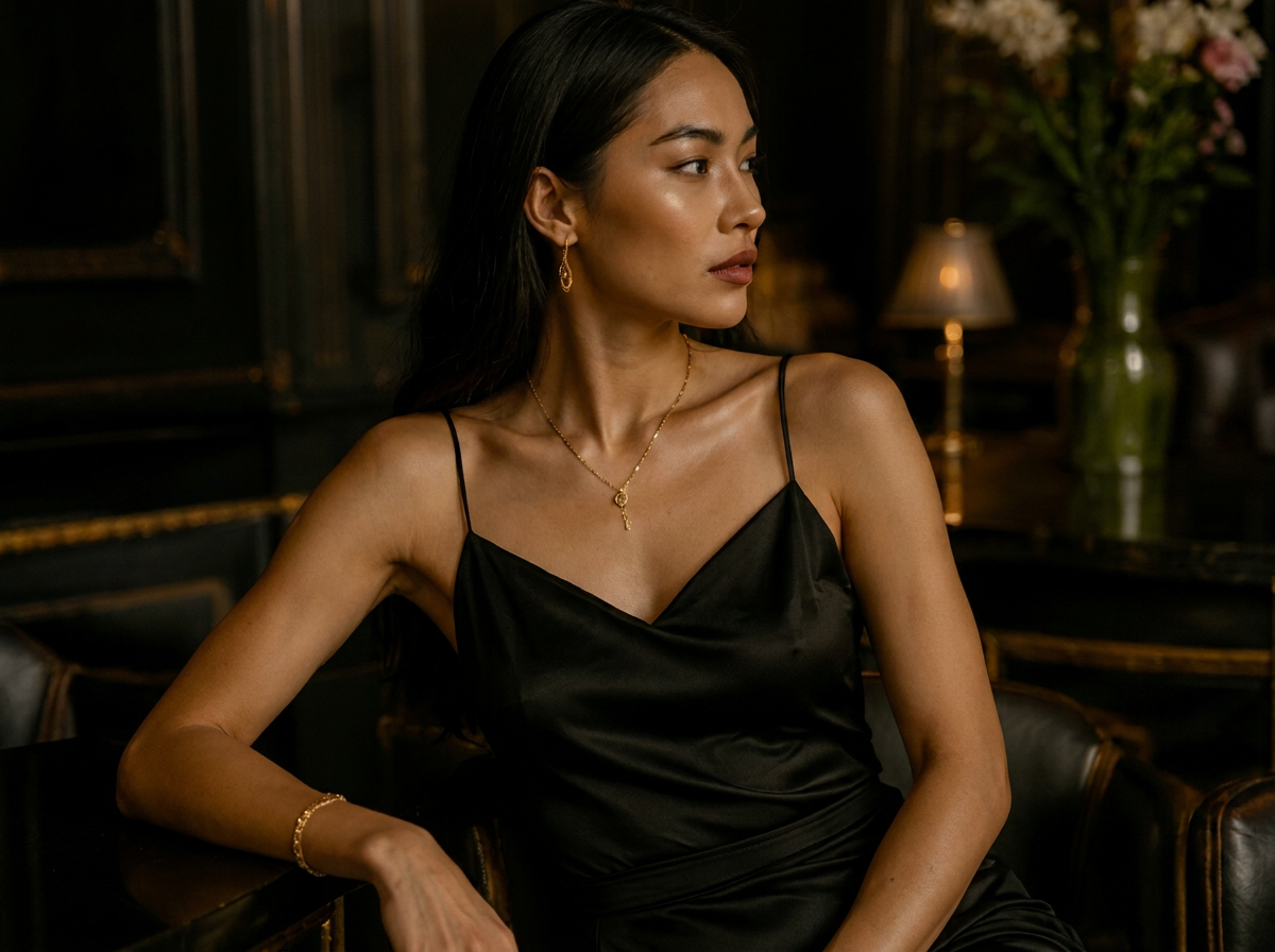 Editorial posing reference of woman in ivory gown