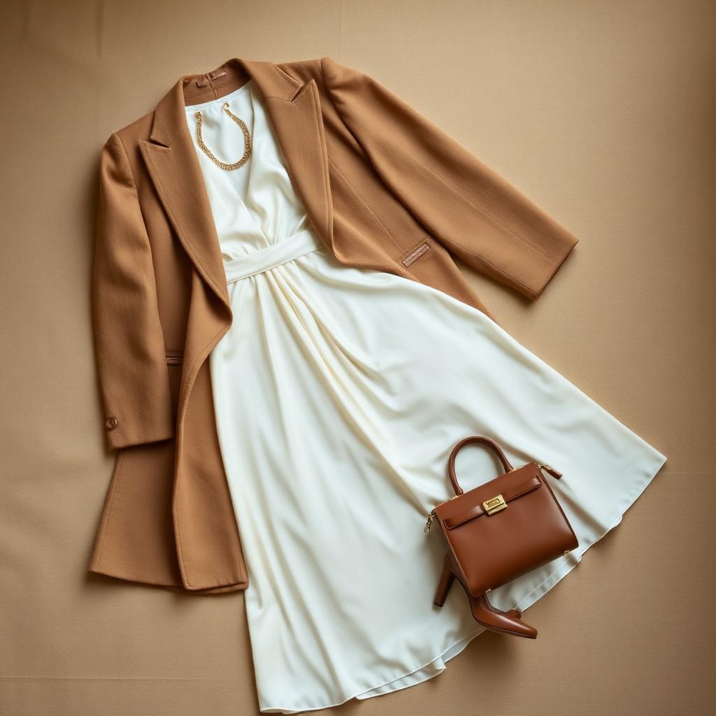 Curated luxury wardrobe flat lay with ivory gown and camel coat