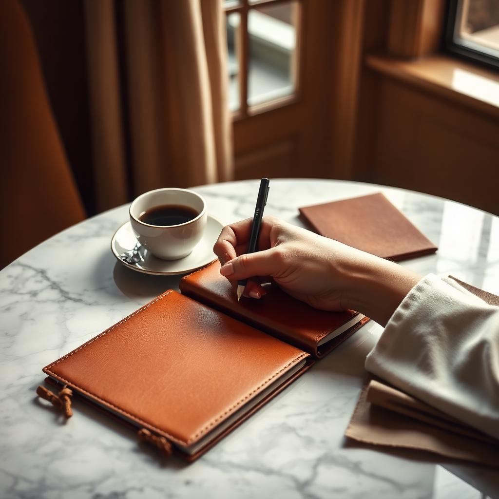 Hands writing in a leather notebook
